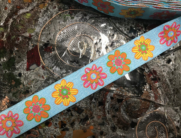 Multi Color Floral Daisies on  Blue Background - Embroidered Jacquard Ribbon - 7/8" Wide.