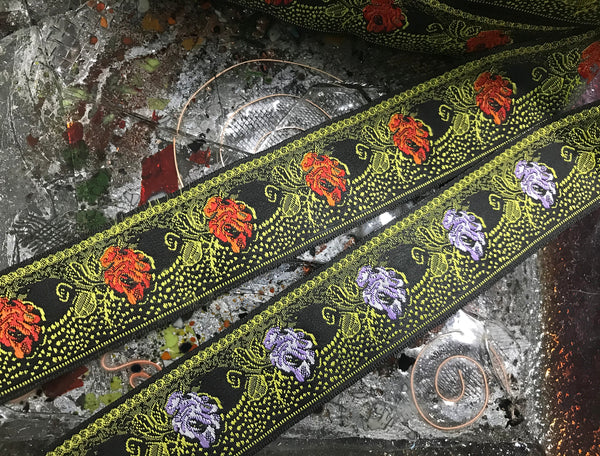 Multi Color Floral on Black  Background - Embroidered Jacquard Ribbon - 2 Colors Available.