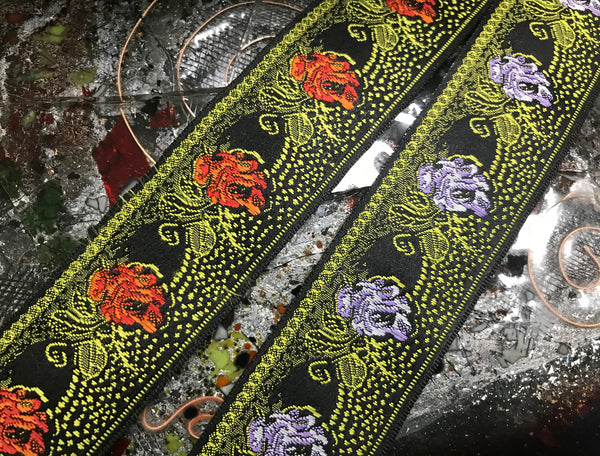 Multi Color Floral on Black  Background - Embroidered Jacquard Ribbon - 2 Colors Available.