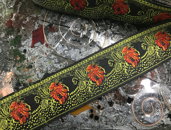 Multi Color Floral on Black  Background - Embroidered Jacquard Ribbon - 2 Colors Available.
