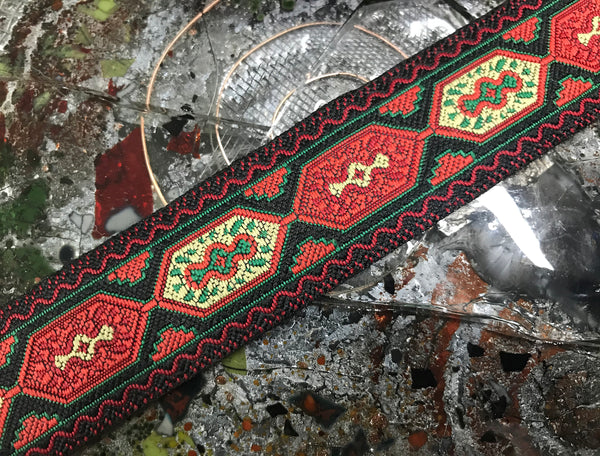 Multi Color Geometric Pattern on  Black Background - Embroidered Jacquard Ribbon - 1.25" Wide.