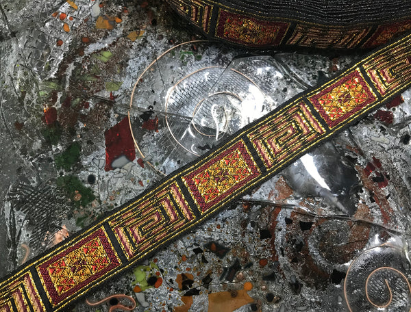 Multi Color w/Gold Filigree on  Black Background - Embroidered Jacquard Ribbon - 7/8" Wide.