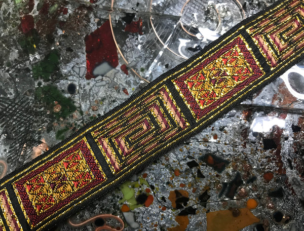 Multi Color w/Gold Filigree on  Black Background - Embroidered Jacquard Ribbon - 7/8" Wide.