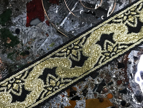 Gold  on  Black Background - Embroidered Jacquard Ribbon - 1.1" Wide.