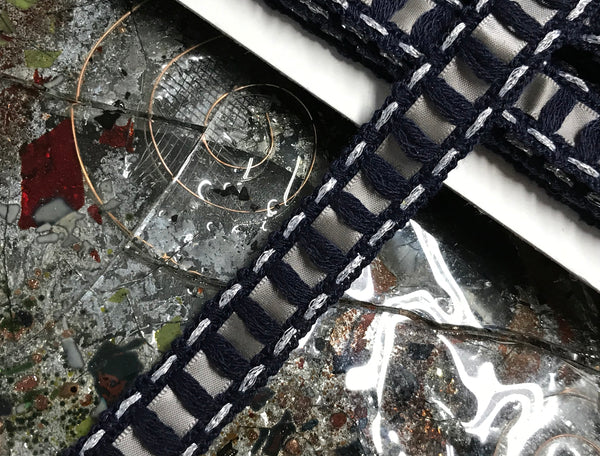 MidNight Blue w/Grey Laced Ribbon -  French Braid Trim - 2cm Wide.