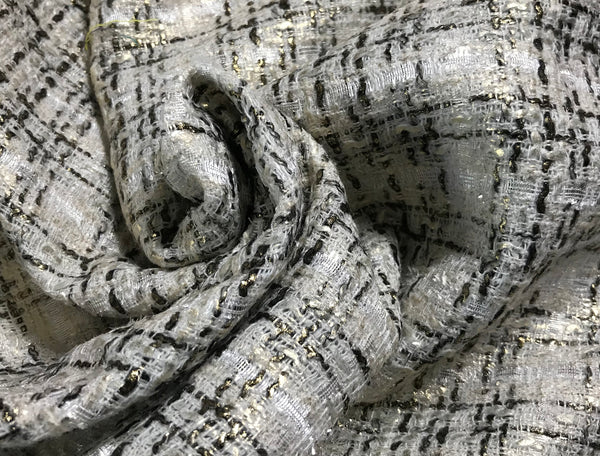 White/Black/Gold  -Pearlized French Tweed - 150 cm Wide.