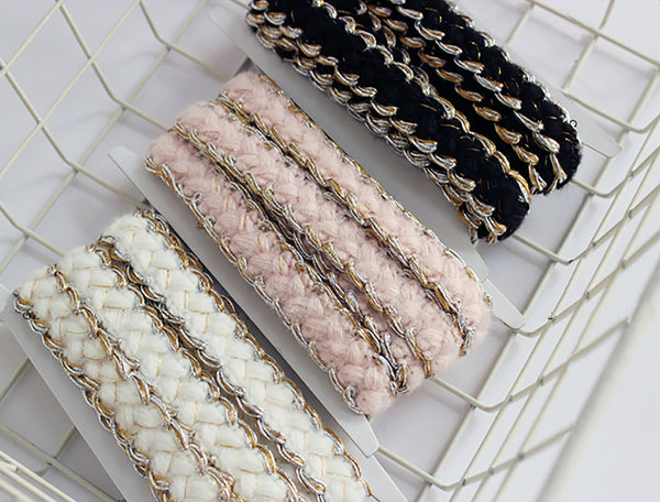 Black/White/Pink W/Silver_Gold Edges- Handmade Braided French Braided Trim - 2 cm Width.