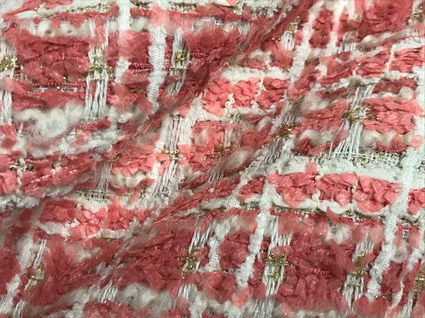Shades of Coral/Off White/Gold - French Tweed - 150 cm Wide.