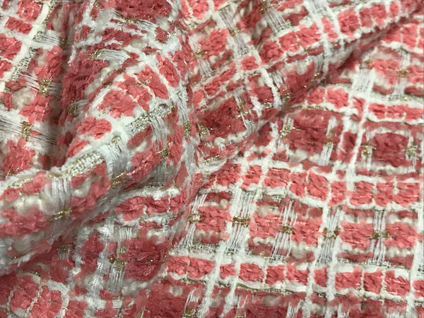 Shades of Coral/Off White/Gold - French Tweed - 150 cm Wide.