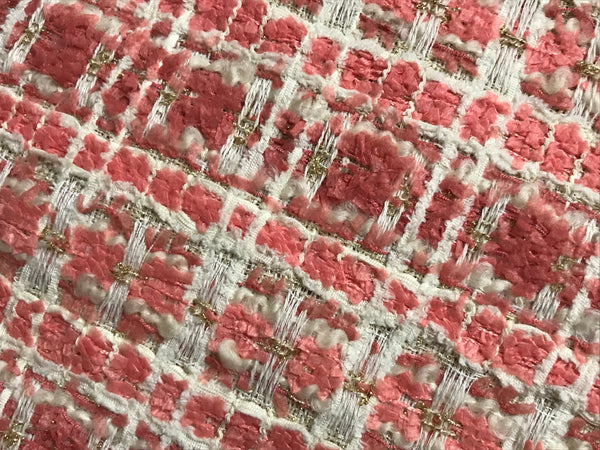 Shades of Coral/Off White/Gold - French Tweed - 150 cm Wide.
