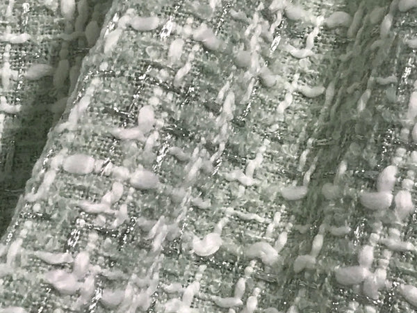 Sea Foam/White/Silver - French Tweed - 150 cm Wide.