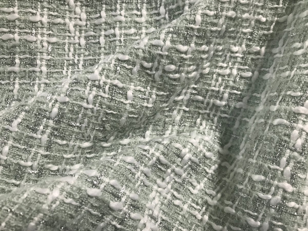 Sea Foam/White/Silver - French Tweed - 150 cm Wide.