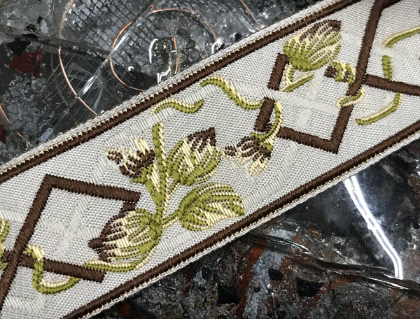 Brown/Gold/Green on Ivory Background - Embroidered Jacquard Ribbon - 1.5" Wide.