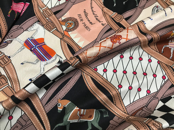 Multi Color Equestrian Print - Stretch Silk Satin - 21 MM  - 140 cm Wide.