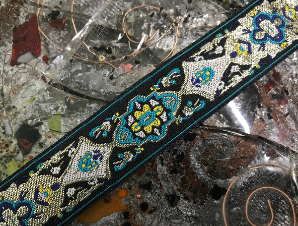 Shades of Blue/White w/Gold Filigree  on  Black Background - Embroidered Jacquard Ribbon - 1.1" Wide.