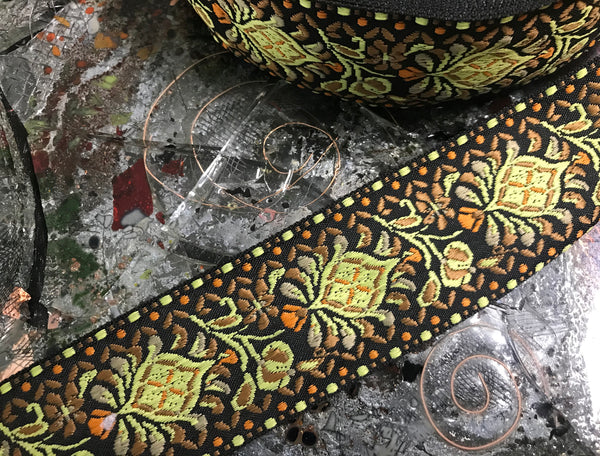 Multi Color w/Yellow on Black Background - Cotton Jacquard Ribbon- 5 cm Wide.