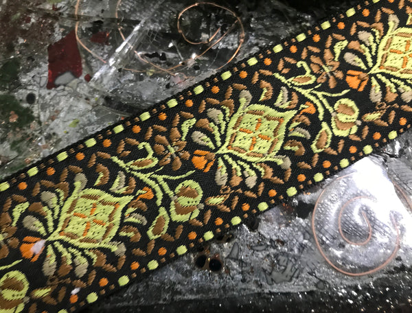 Multi Color w/Yellow on Black Background - Cotton Jacquard Ribbon- 5 cm Wide.