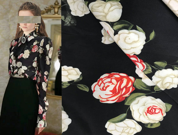 Multi Color Floral on Black Background _ Stretch Silk Crepe de Chine - 140 cm Wide.