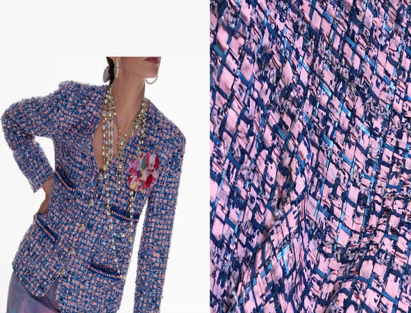 Pink and Blue  Ribbons in a Grid Pattern - French Tweed - 145 cm Wide - WIKILACES