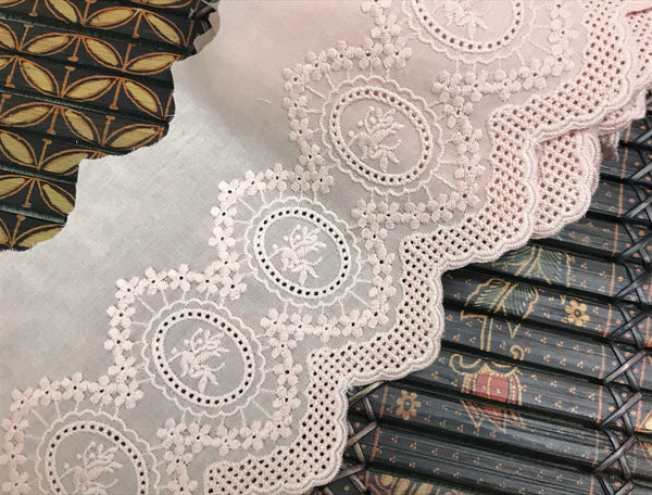 Pink Medallions Embroidery on Pink Cotton Voile - Broderie Anglaise - 12.5 cm Wide.