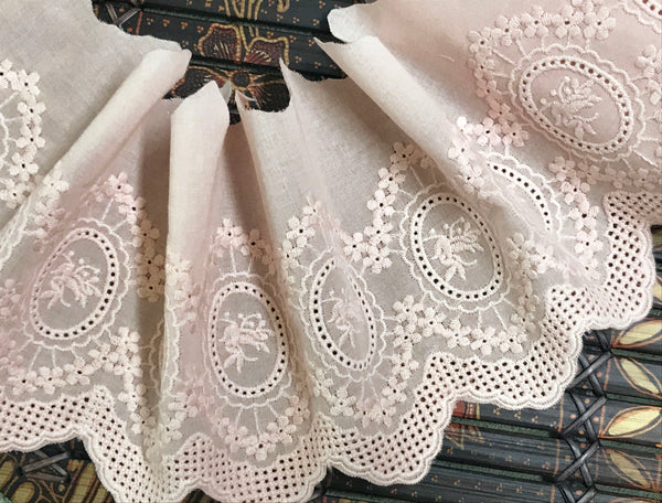 Pink Medallions Embroidery on Pink Cotton Voile - Broderie Anglaise - 12.5 cm Wide.