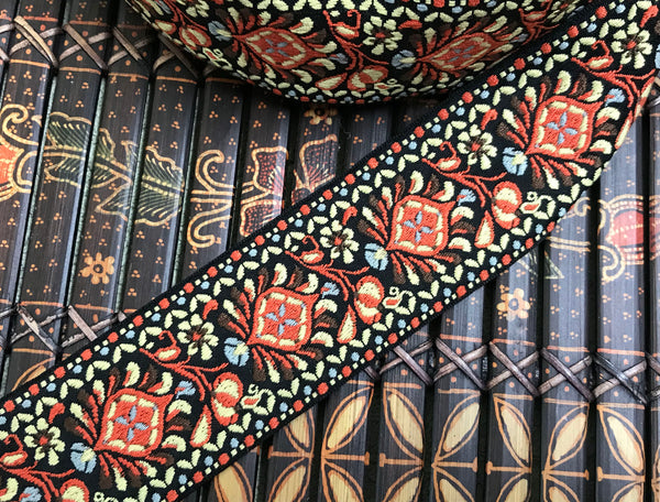 Multi Color on Black Background - Embroidered Jacquard Ribbon - 5 cm Wide.