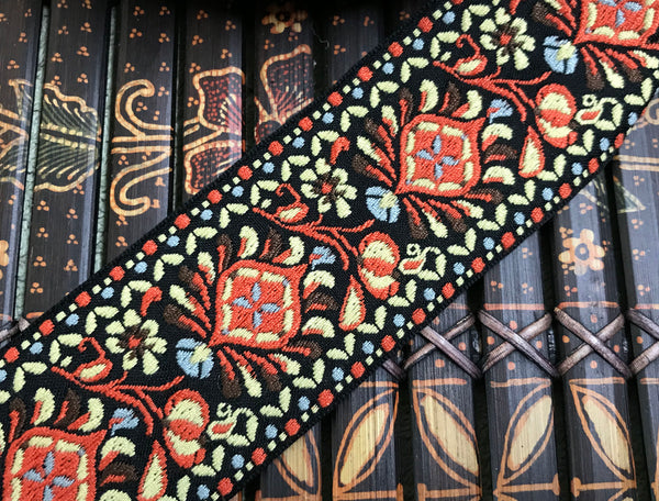 Multi Color on Black Background - Embroidered Jacquard Ribbon - 5 cm Wide.