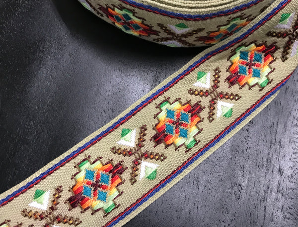 Multi Color Cross Stitch - Cotton Embroidered Jacquard Ribbon - 5.3 cm Wide.