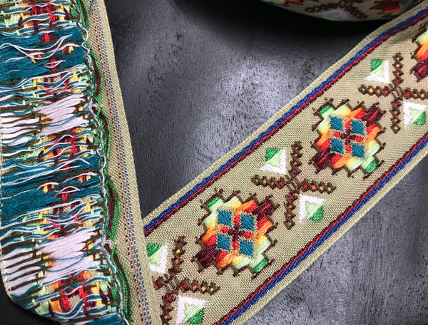 Multi Color Cross Stitch - Cotton Embroidered Jacquard Ribbon - 5.3 cm Wide.