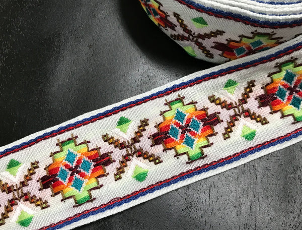 Multi Color Cross Stitch - Cotton Embroidered Jacquard Ribbon - 5.3 cm Wide.