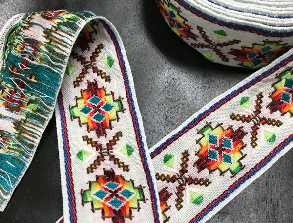 Multi Color Cross Stitch - Cotton Embroidered Jacquard Ribbon - 5.3 cm Wide.