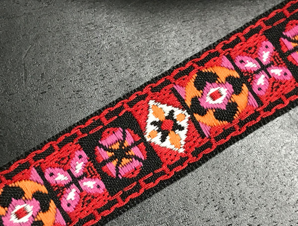 Red/Pink/White  on  Black Background Geometric Pattern - Cotton Embroidered Jacquard Ribbon - 1" Wide.