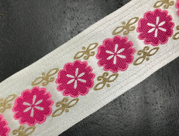 Rose and Gold Floral on Off  White Background - Embroidered Satin Jacquard Ribbon - 1 2/8" Wide.