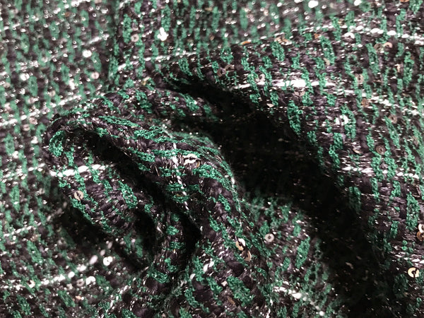 Green/Black/ White  with Small Silver Sequins - French Tweed - 148 cm Wide - WIKILACES