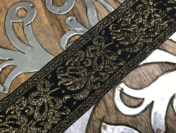Gold Floral  on  Black Background - Embroidered Jacquard Ribbon - 1 6/8" Wide.