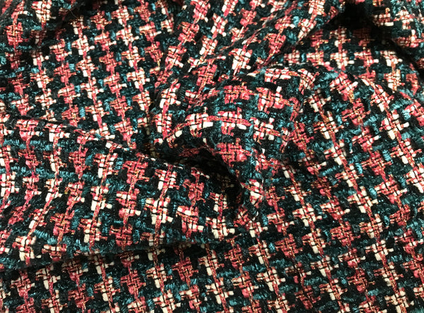 Dark Teal and  Mauve Pink Ribbons, Black, Off White and w/Gold Threads - French Tweed - 150 cm Wide.