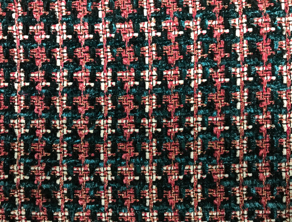 Dark Teal and  Mauve Pink Ribbons, Black, Off White and w/Gold Threads - French Tweed - 150 cm Wide.
