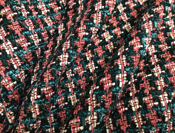 Dark Teal and  Mauve Pink Ribbons, Black, Off White and w/Gold Threads - French Tweed - 150 cm Wide.