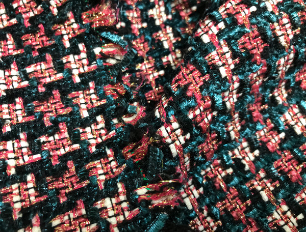 Dark Teal and  Mauve Pink Ribbons, Black, Off White and w/Gold Threads - French Tweed - 150 cm Wide.