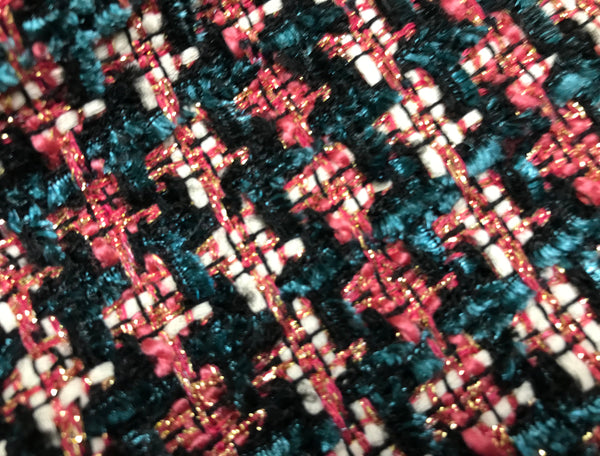 Dark Teal and  Mauve Pink Ribbons, Black, Off White and w/Gold Threads - French Tweed - 150 cm Wide.