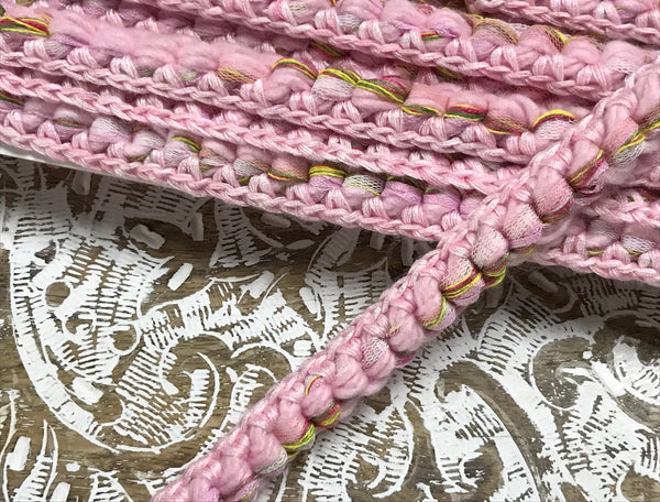 Shades of Pink White Green - Hand Made  French Braid Trim - 1.5 cm Wide.