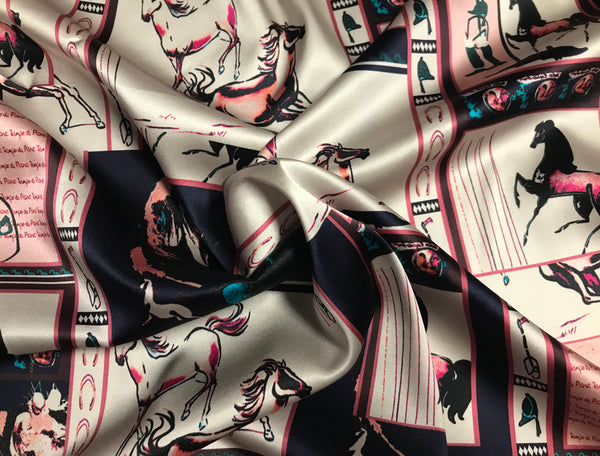 Multi Color Equestrian Print on Beige Background - Stretch Silk Satin - 19MM - 140 cm Wide.
