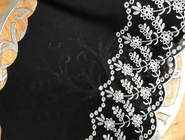 White Embroidery on Black Background - Broderie Anglaise - 32 cm Wide.