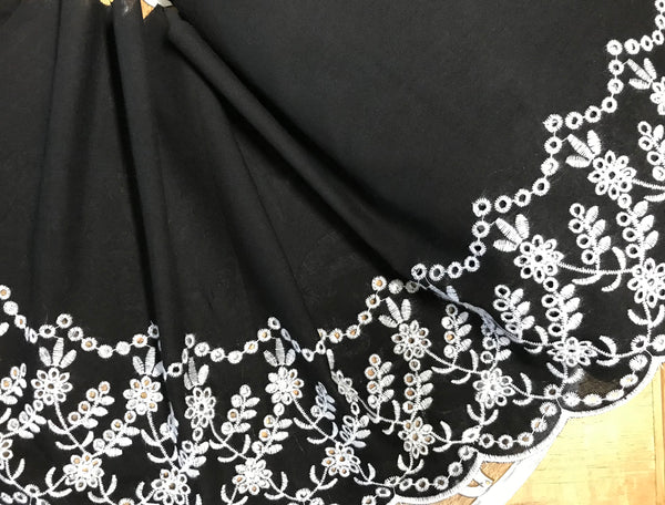 White Embroidery on Black Background - Broderie Anglaise - 32 cm Wide.