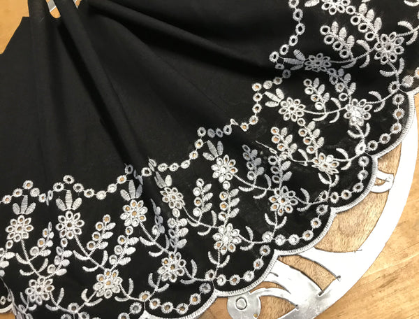 White Embroidery on Black Background - Broderie Anglaise - 32 cm Wide.