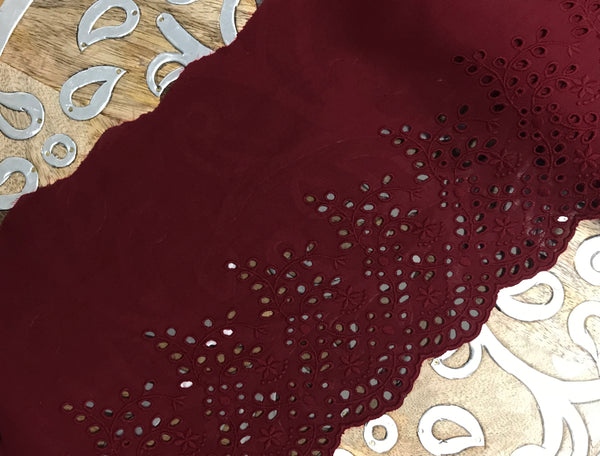 Burgundy Broderie Anglaise Lace on  Cotton Voile - 19.5 cm Wide.