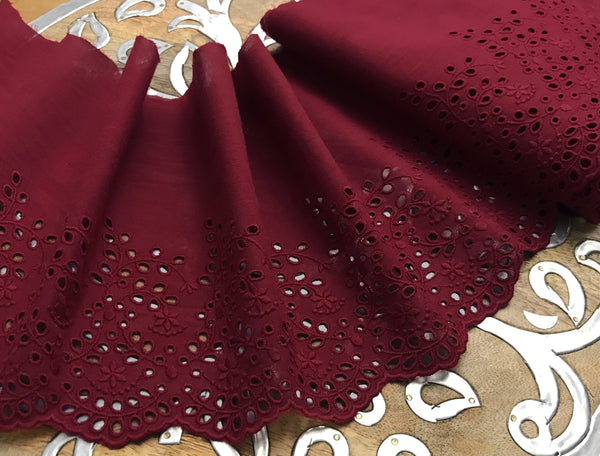 Burgundy Broderie Anglaise Lace on  Cotton Voile - 19.5 cm Wide.