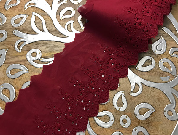 Burgundy Broderie Anglaise Lace on  Cotton Voile - 11 cm Wide.