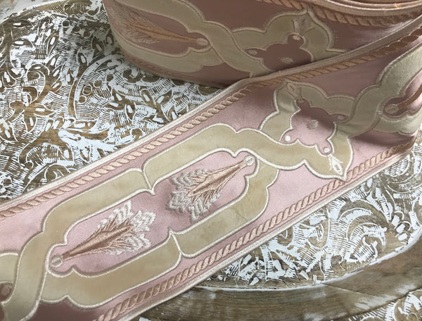 Shades of /Pink/Ivory - Embroidered Velvet Jacquard Ribbon - In Tree Styles and Width.