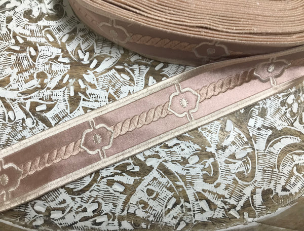 Shades of /Pink/Ivory - Embroidered Velvet Jacquard Ribbon - In Tree Styles and Width.